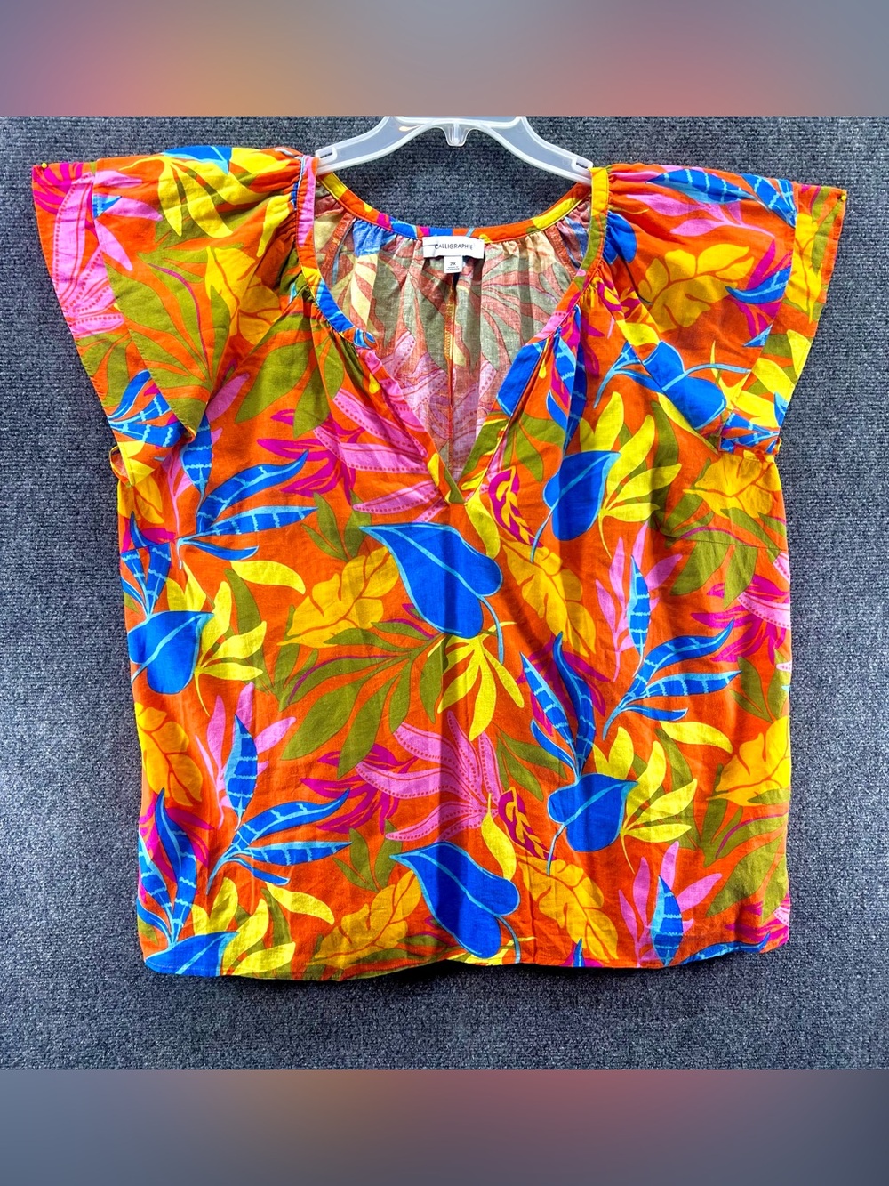 Calligraphie Top Blouse 2X Linen Blend Bright Flounce Sleeve Tropical Resortwear
